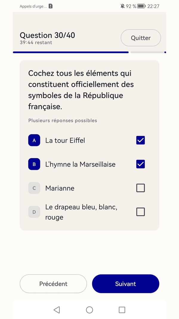 Écran d'explication après une réponse à l'examen civique