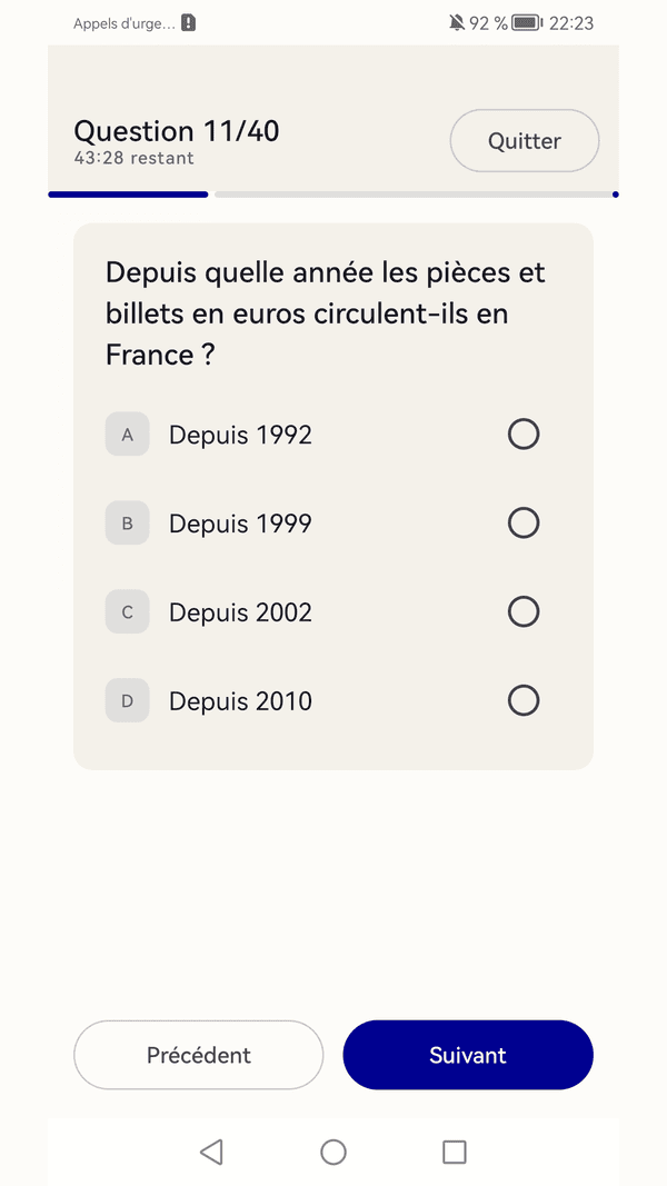 Écran d'entraînement à une question de l'examen civique