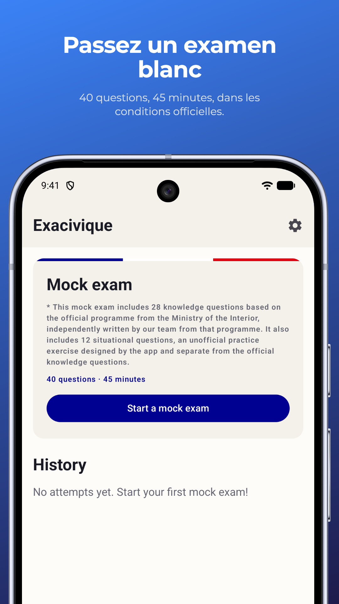 Passez un examen blanc : 40 questions en 45 minutes, dans les conditions officielles
