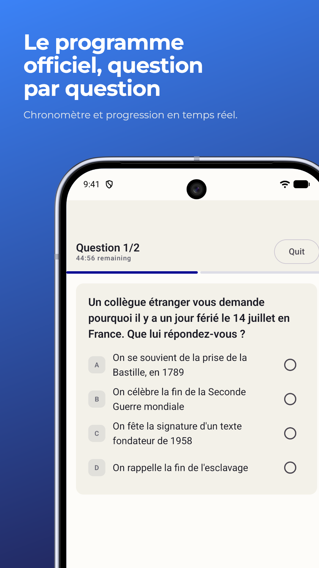 Le programme officiel question par question, avec chronomètre et progression en temps réel
