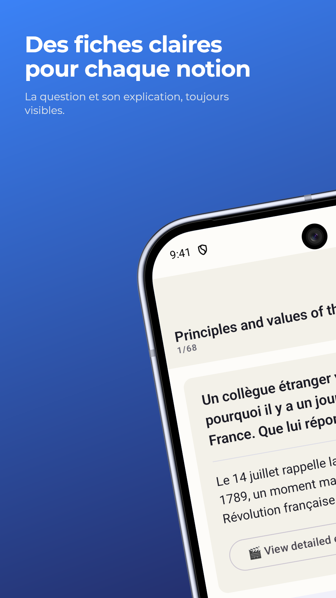Des fiches claires pour chaque notion, avec la question et son explication toujours visibles