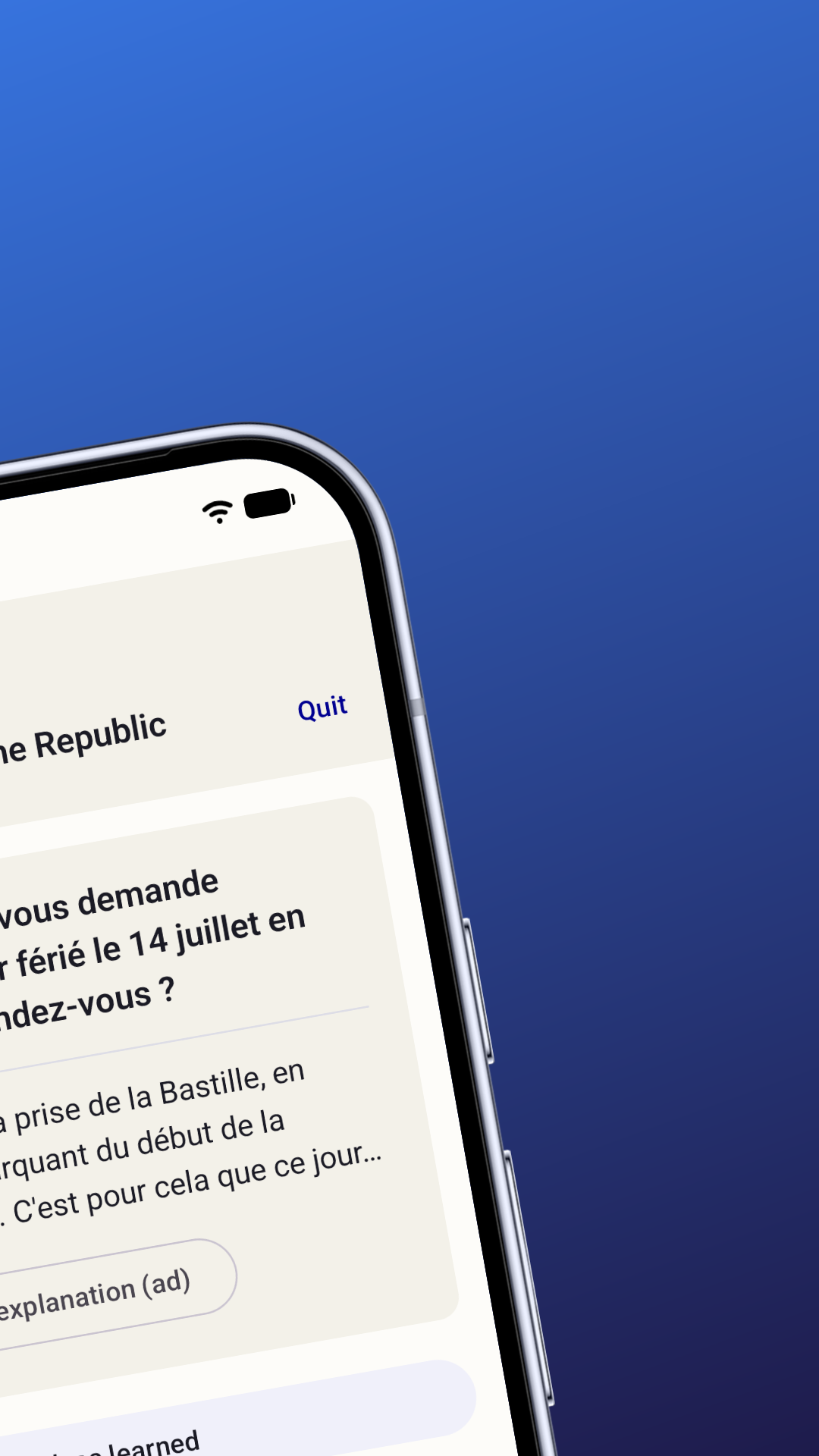 Flashcard de révision avec la réponse détaillée et le contexte historique